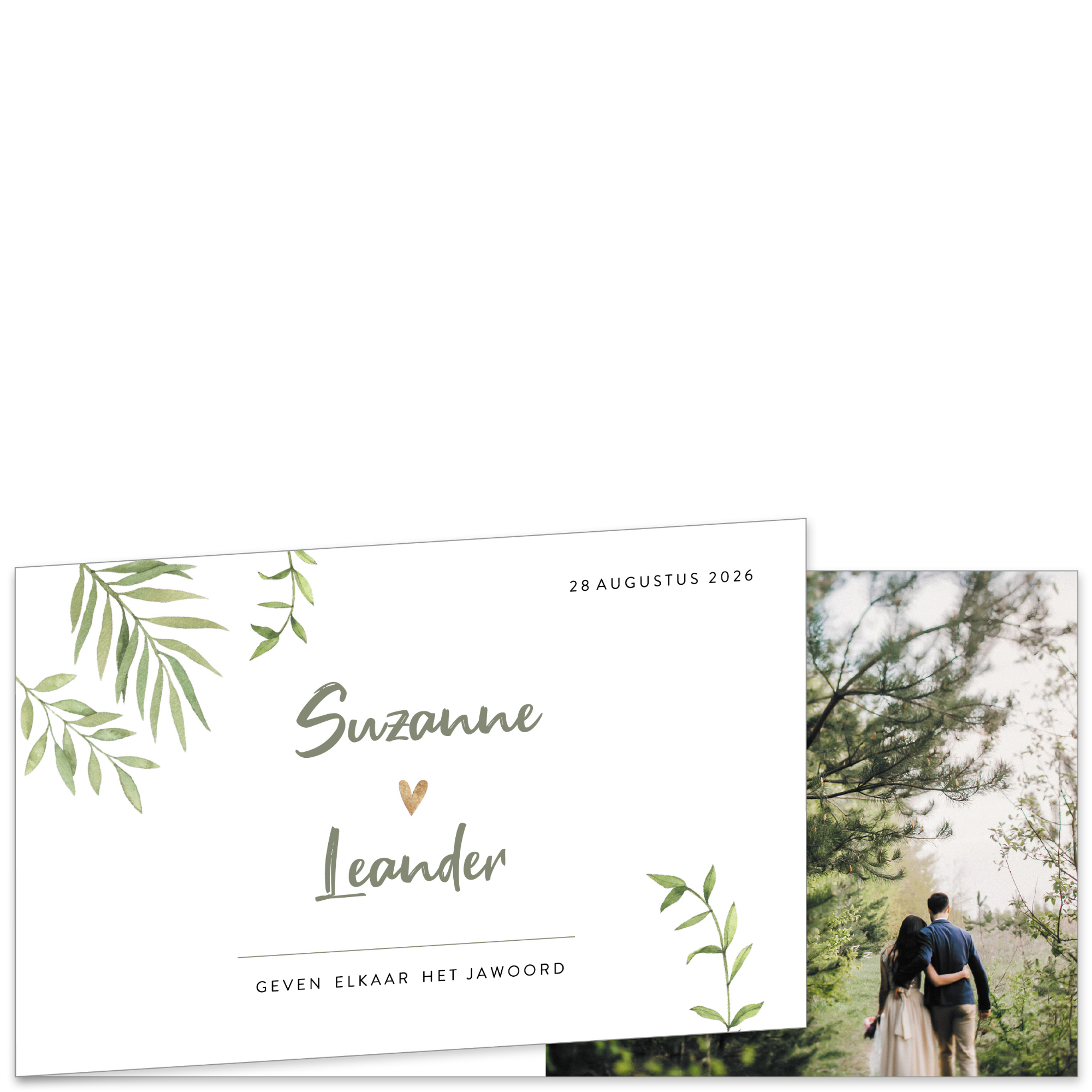 Botanische DIY trouwkaart met foto en groene bladeren