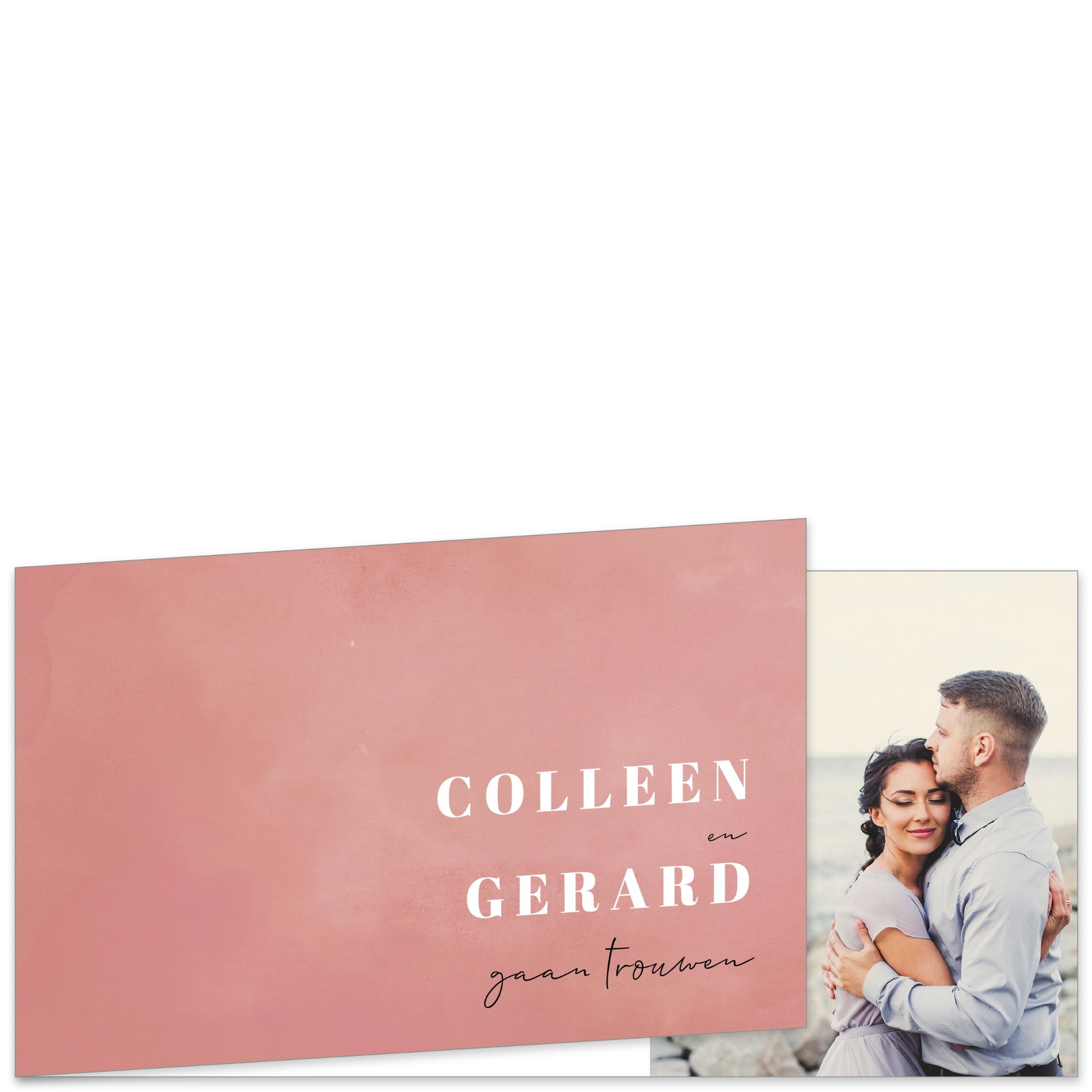Unieke roze DIY trouwkaart met eigen foto