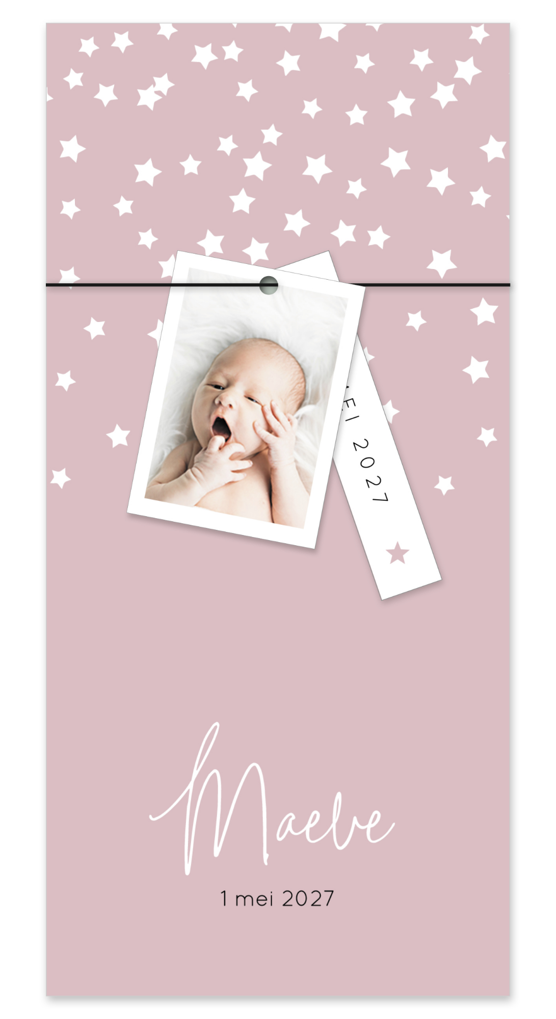 Roze geboortekaartje met sterren en fotolabeltje