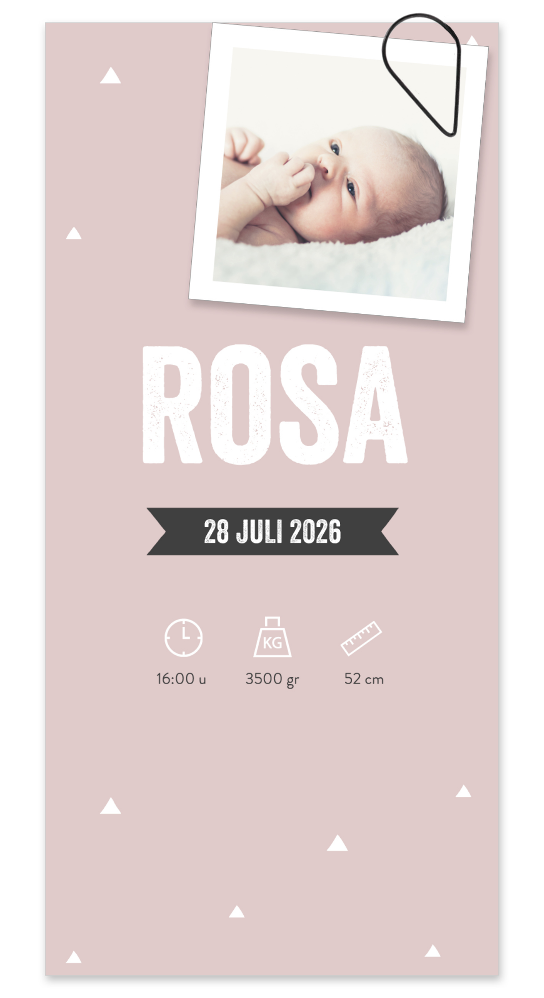 Roze geboortekaartje meisje met witte driehoekjes en banner