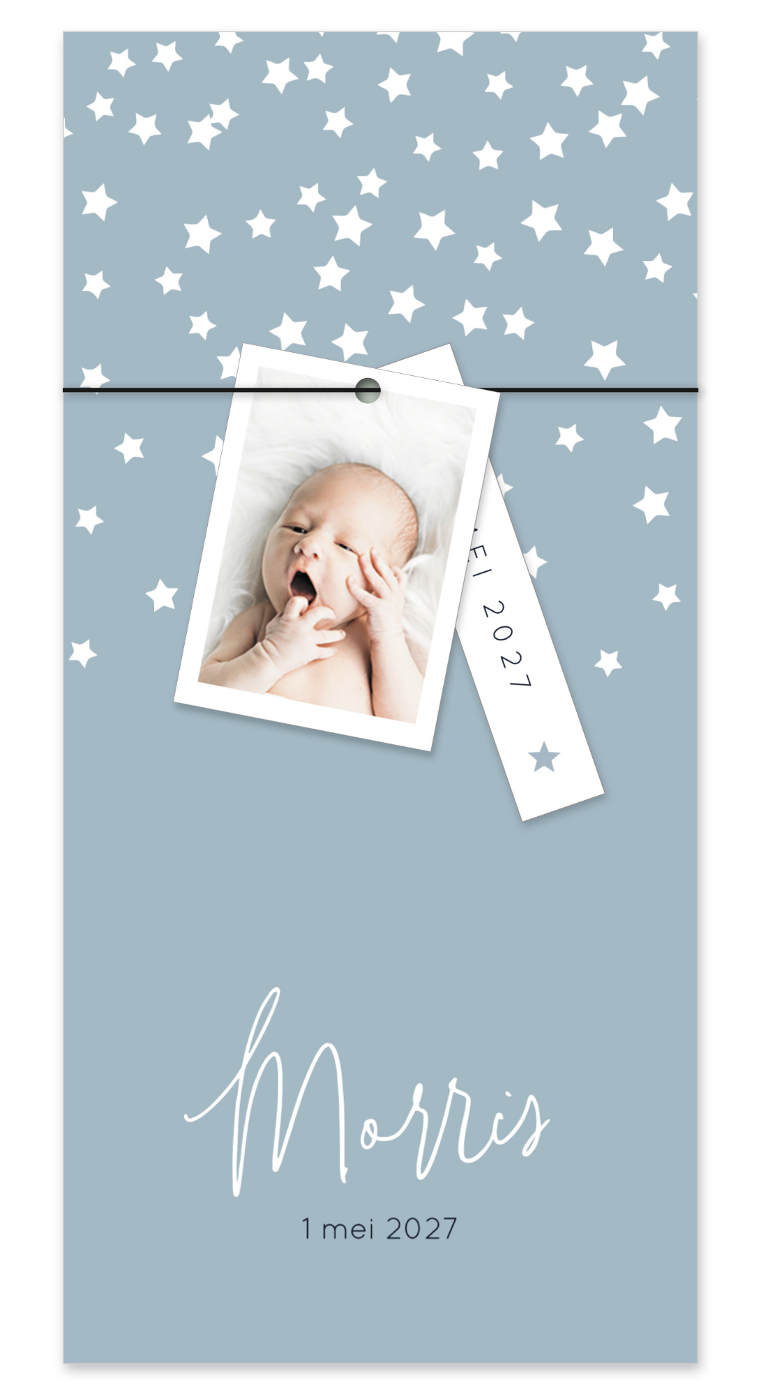 Blauw geboortekaartje met sterren en fotolabel