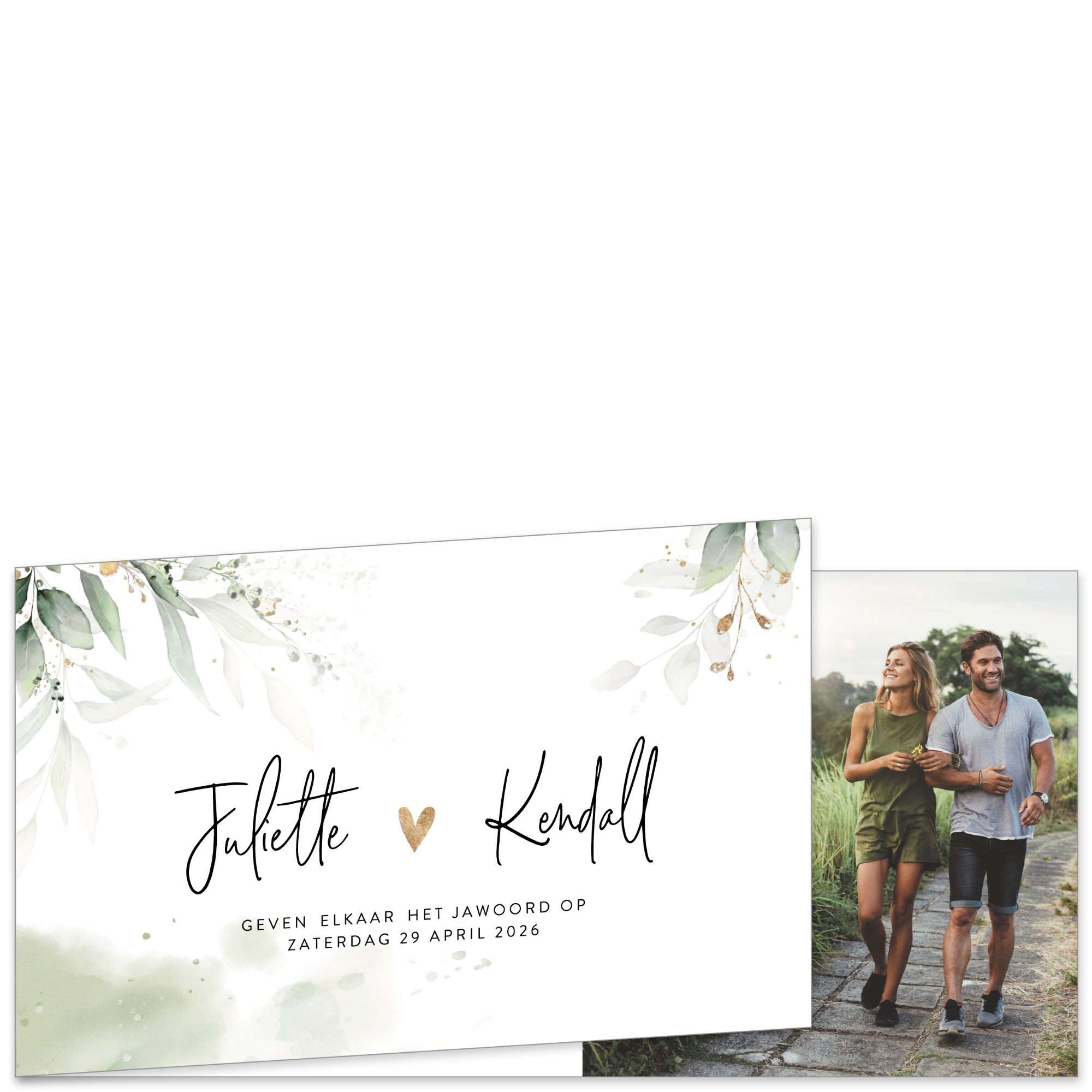 DIY trouwkaart met eigen foto en bladeren
