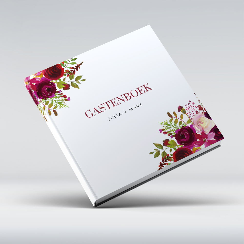 Burgundy gastenboek met donkerrode bloemen