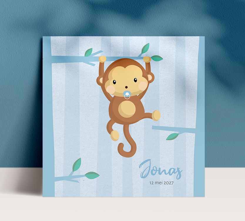 blauw geboortekaartje aap