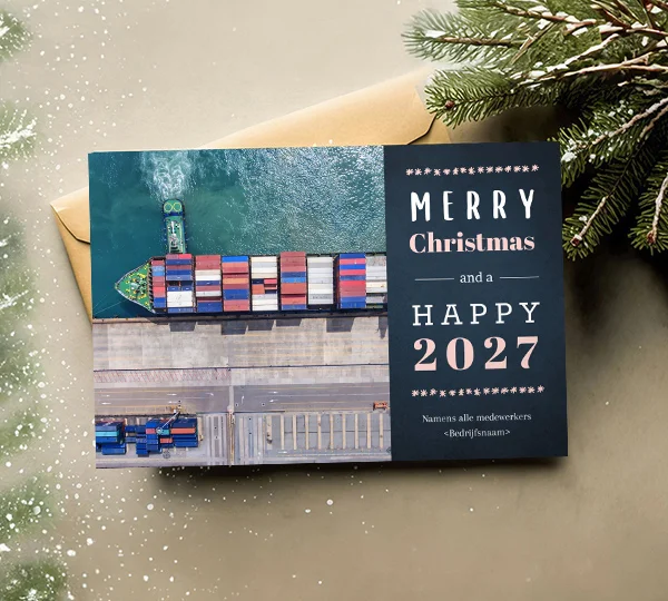 blauwe kerstkaart scheepvaart containers