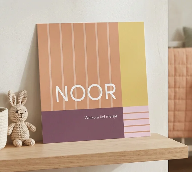 Geboortekaartje color blocking met oranjerode blokken en strepen