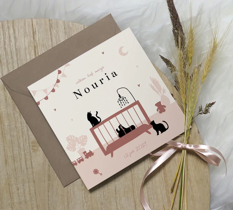 silhouet geboortekaartje meisje met wieg en katten